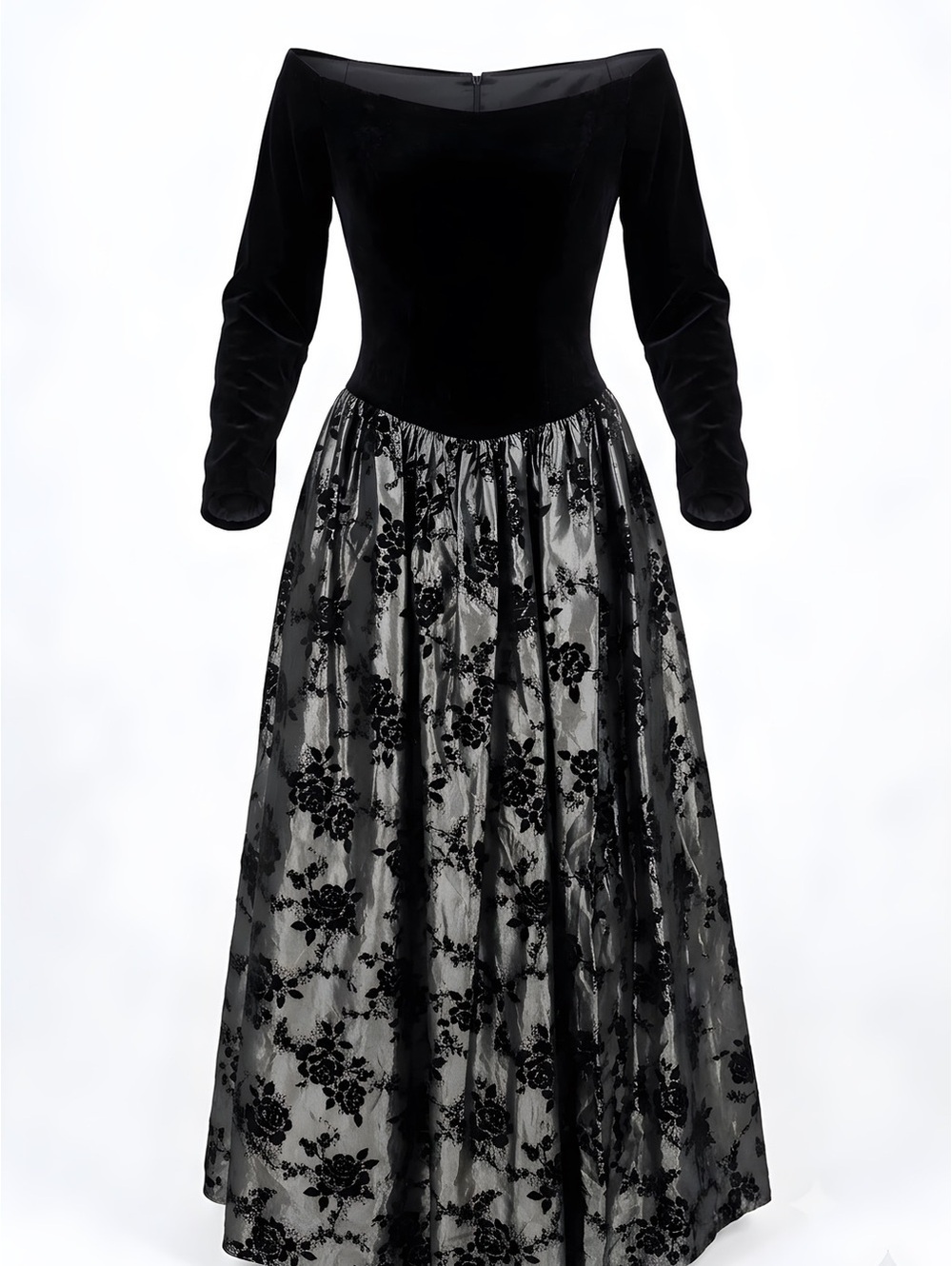 Vintage Scott McClintock Black and Silver Off-Shoulder Gown
